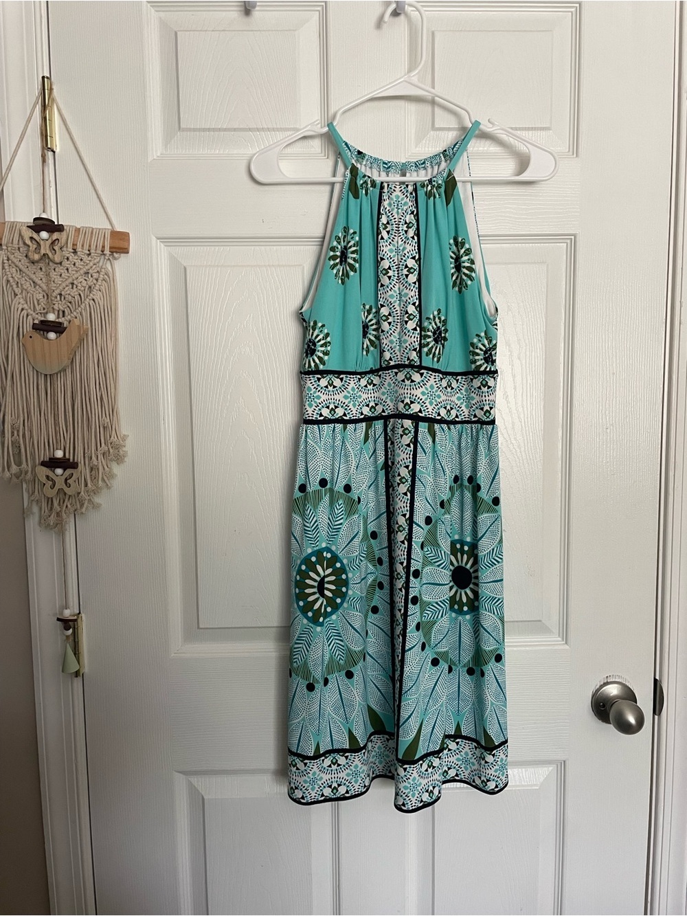 Maggy London Women’s size 6 Aqua Halter Midi Dress with Geometric Floral Print